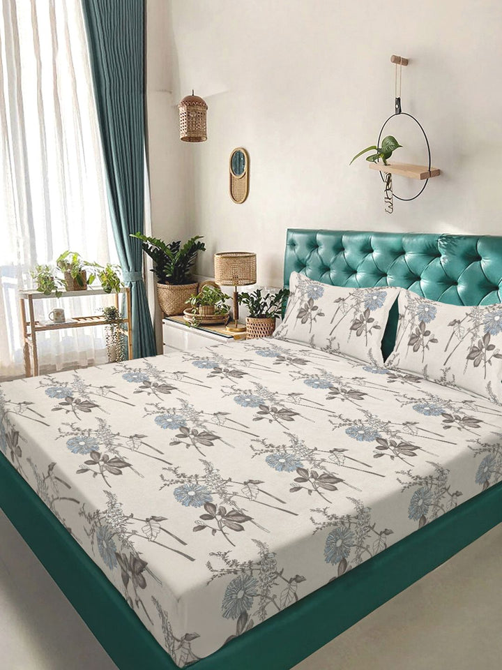 KLOTTHE Cream-Coloured Floral Printed Fitted 300 TC King Bedsheet With 2 Pillow Covers