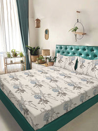 KLOTTHE Cream-Coloured Floral Printed Fitted 300 TC King Bedsheet With 2 Pillow Covers
