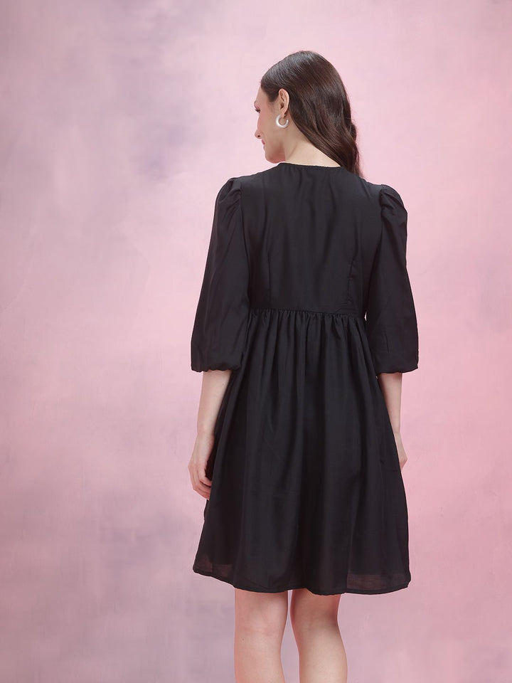 DressBerry Faux Wrap Puff Sleeve A-Line Dress
