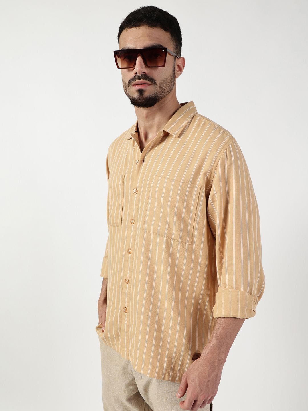 Thomas Scott Men Premium Spread Collar Vertical Striped Cotton Slim Fit Casual Shirt