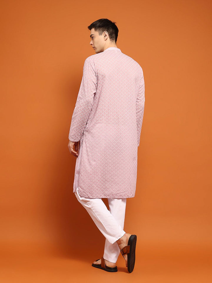Kurta Sulam Katun Lavender Rumah Chikankari Lelaki