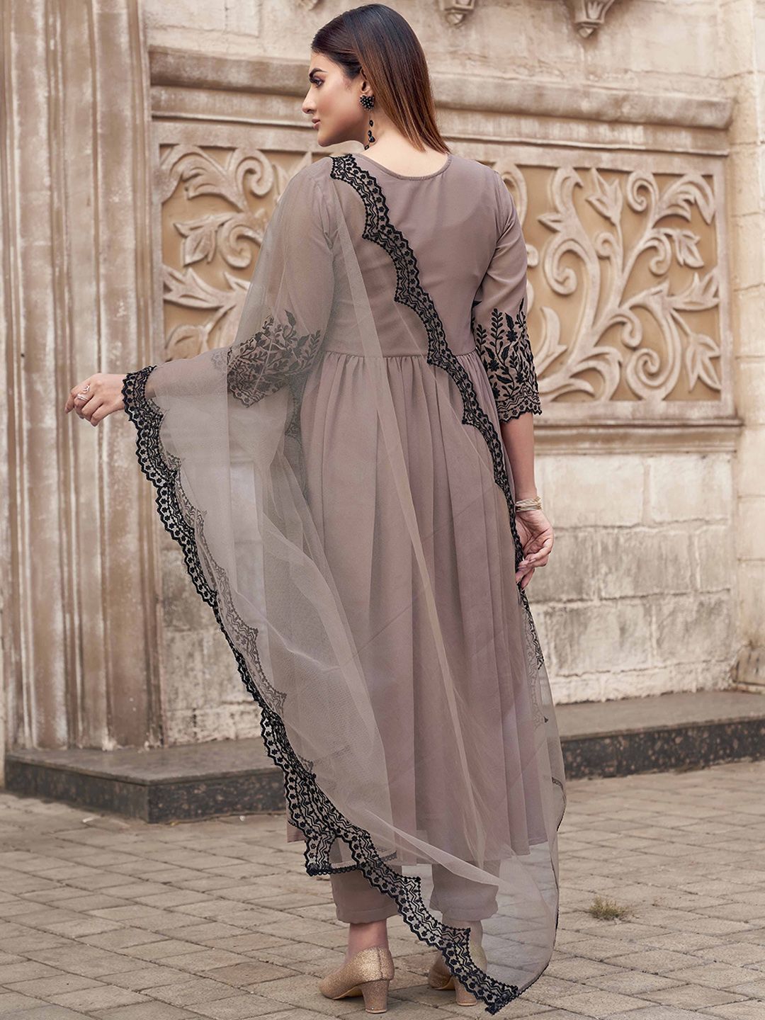 Tikhi Imli Nude Floral Embroidered Thread Work Georgette Kurta With Trouser & Dupatta