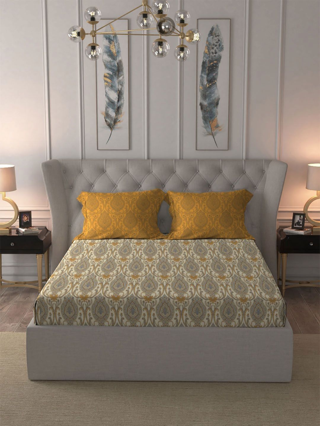 MYTRIDENT Ornate Yellow Dusk & Dawn Flat 144TC Queen Cotton Bedsheet with 2 Pillow Covers