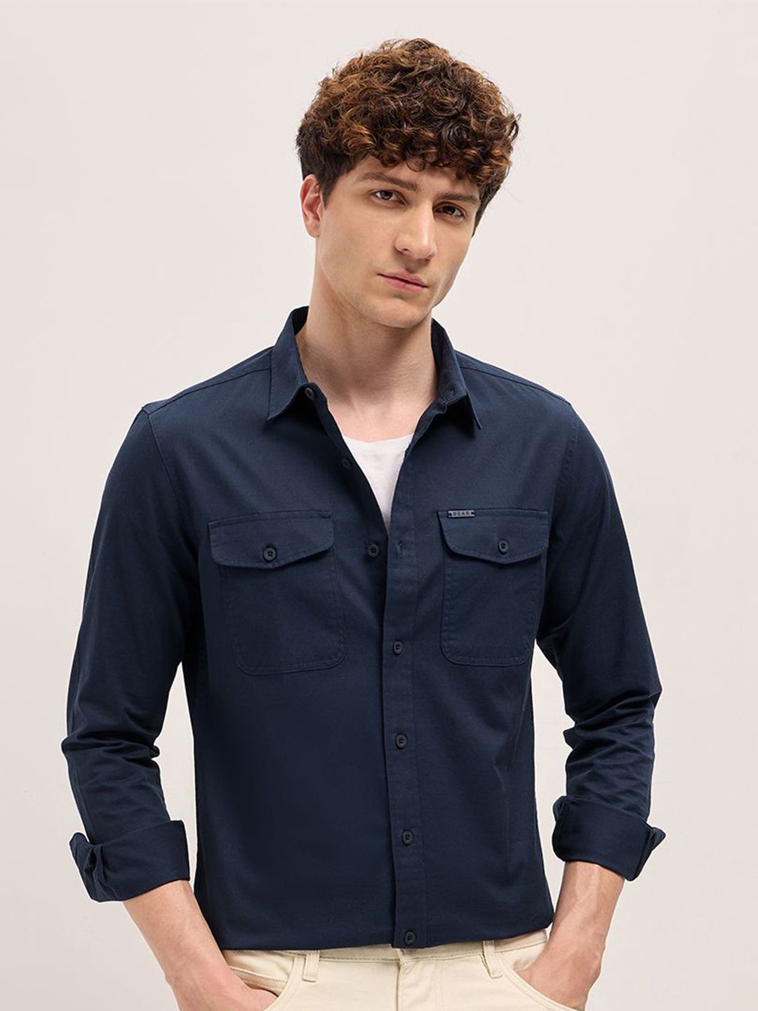 THE BEAR HOUSE Men Spread Collar Solid Cotton Casual Shirt
