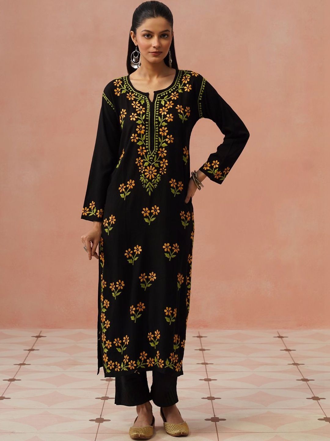 House of Chikankari Women Floral Embroidered Thread Work Kurta