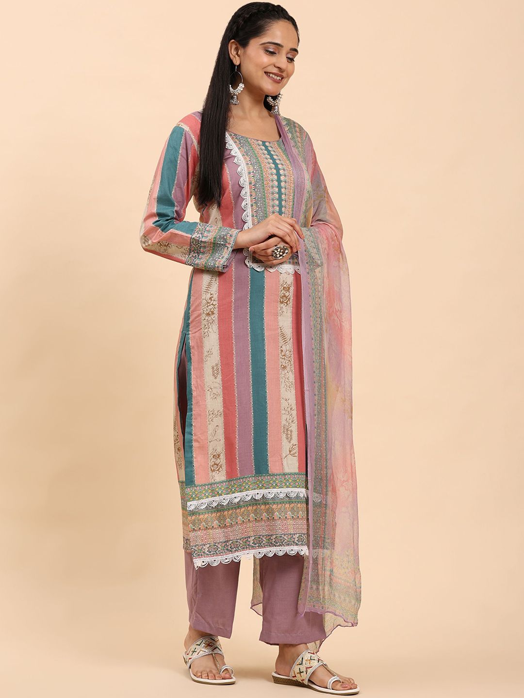 Mamicha Women Ethnic Motifs Printed Regular Thread Work Pure Cotton Kurta with Palazzos & With Dupatta