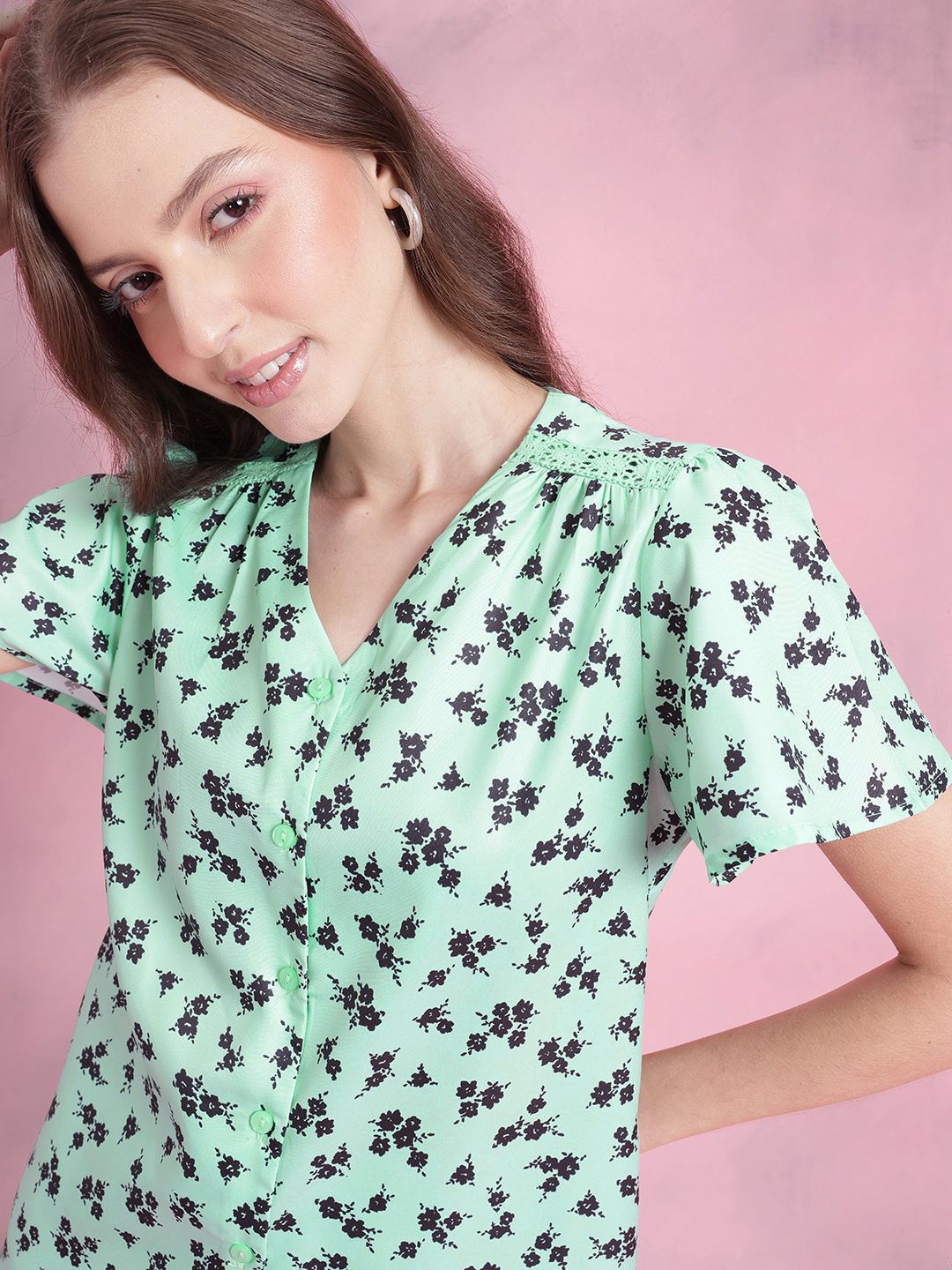 DressBerry Floral Print Crochet Detail Flared Sleeves Shirt Style Top