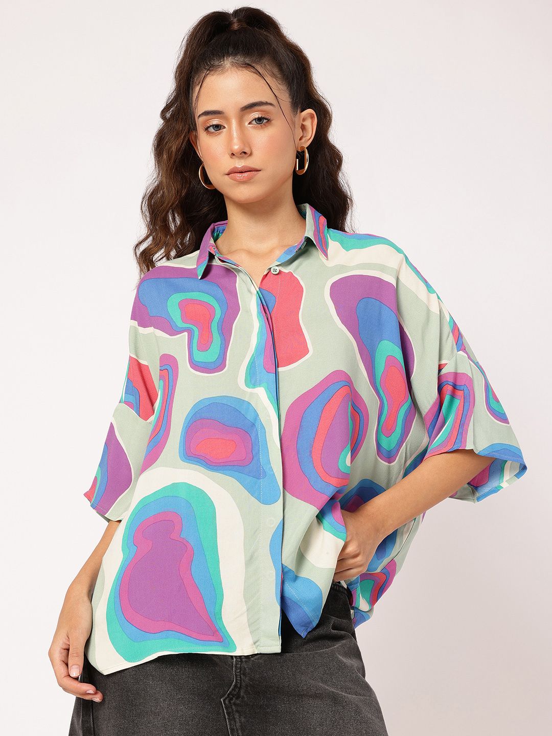 DressBerry Abstract Aura Printed Drop-Shoulder Relaxed Shirt