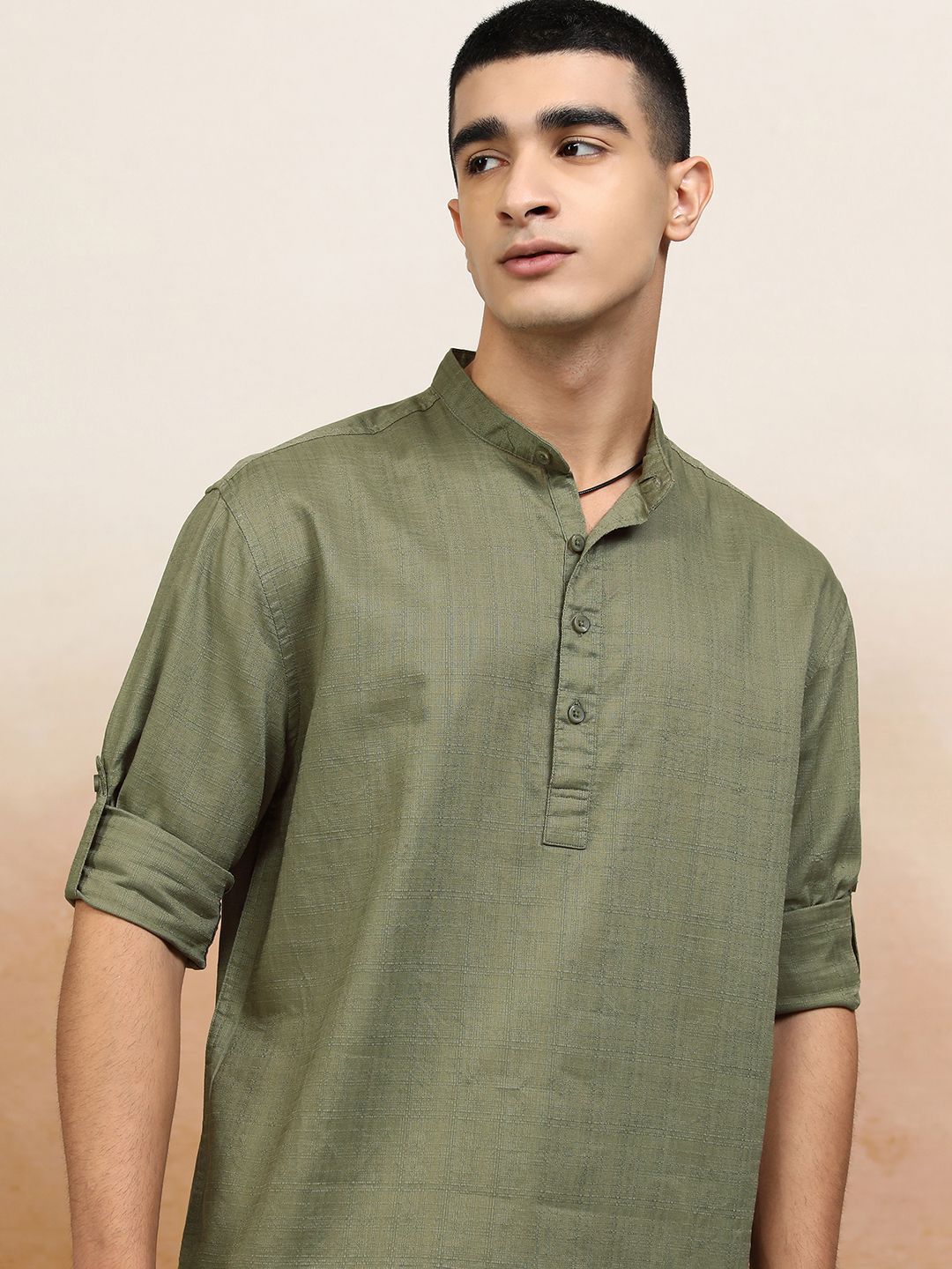 HIGHLANDER Men Olive Dobby Textured Solid Mandarin Collar Roll Up Sleeve Relaxed Shirt