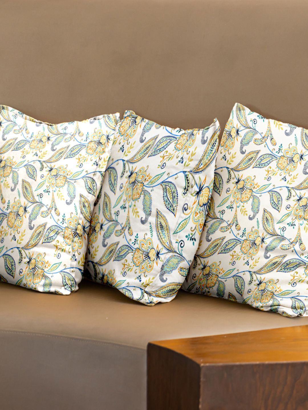URBAN SPACE White & Yellow 3 Pieces Ethnic Motifs Square Cotton Cushion Covers