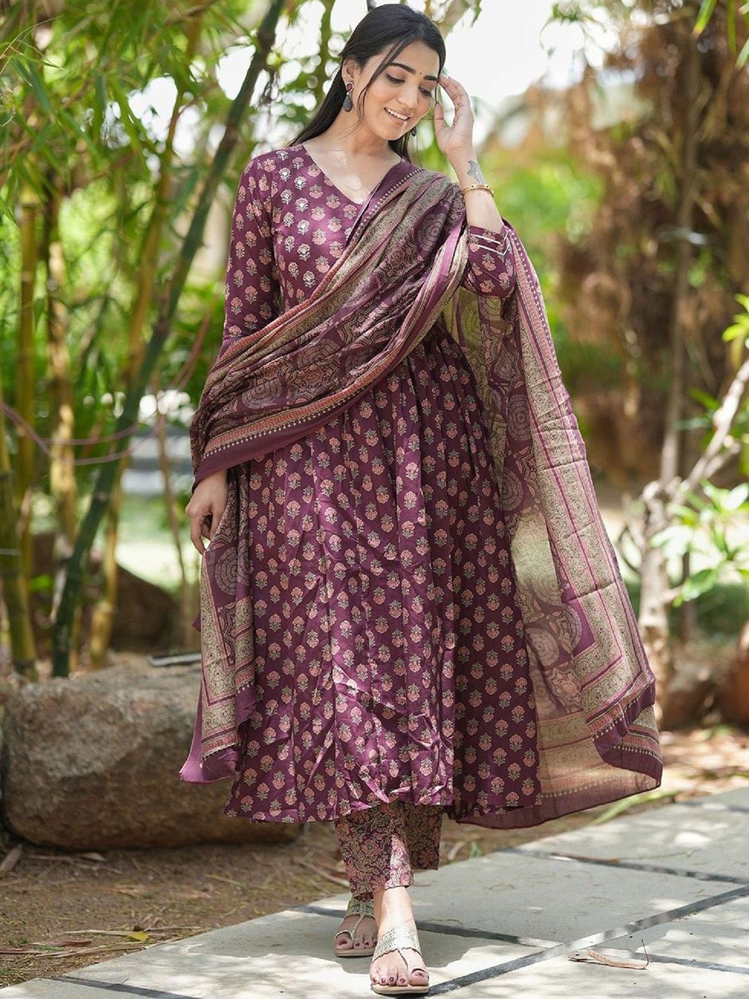 KALINI Floral Printed V-Neck Anarkali Kurta with Trousers & Dupatta