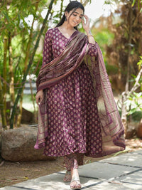 KALINI Floral Printed V-Neck Anarkali Kurta with Trousers & Dupatta