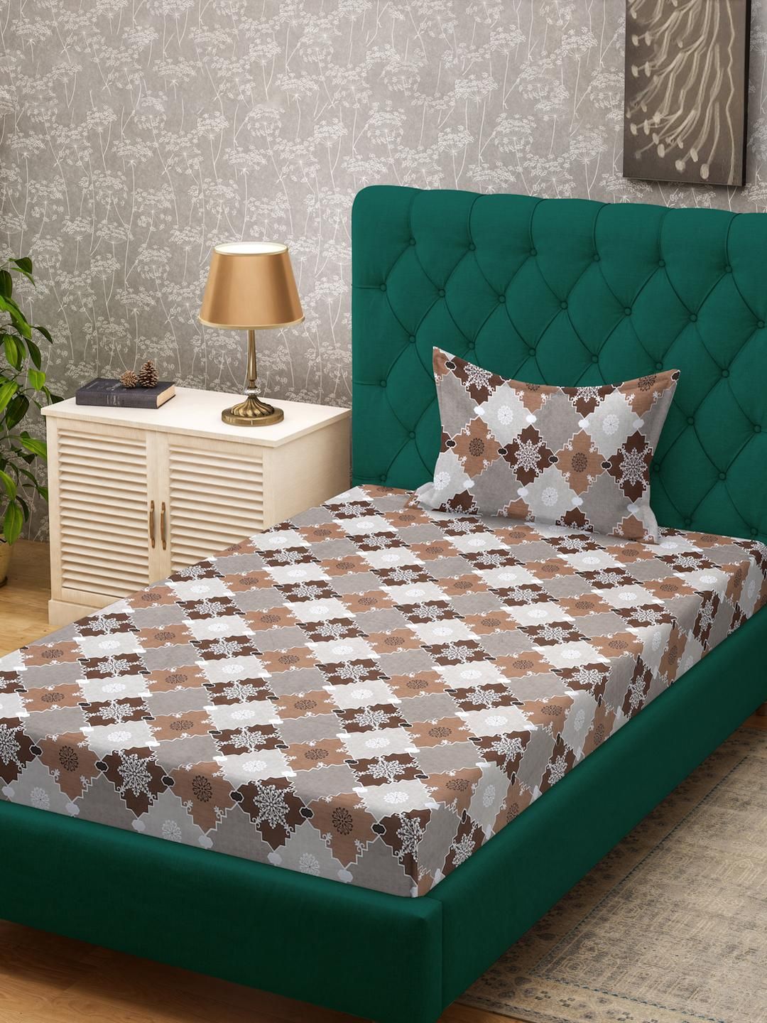 KLOTTHE Brown Geometric Cotton Single Bedsheets