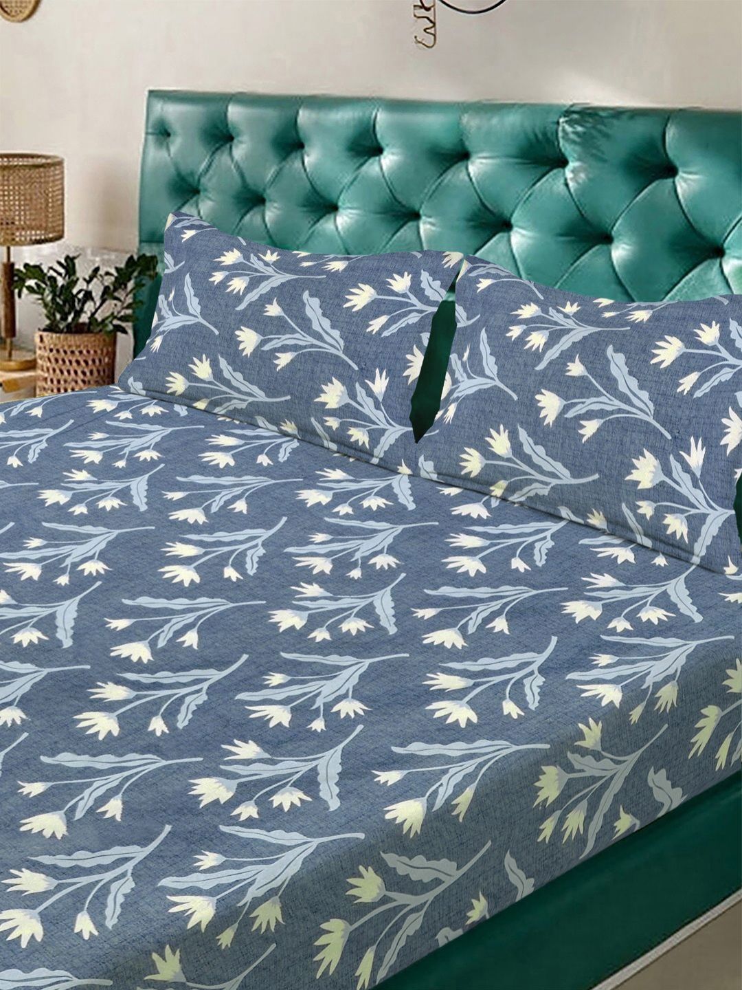 Aura Blue & White Floral Printed Fitted 300 TC King Bedsheet Set 2.50 m x 2.25 m