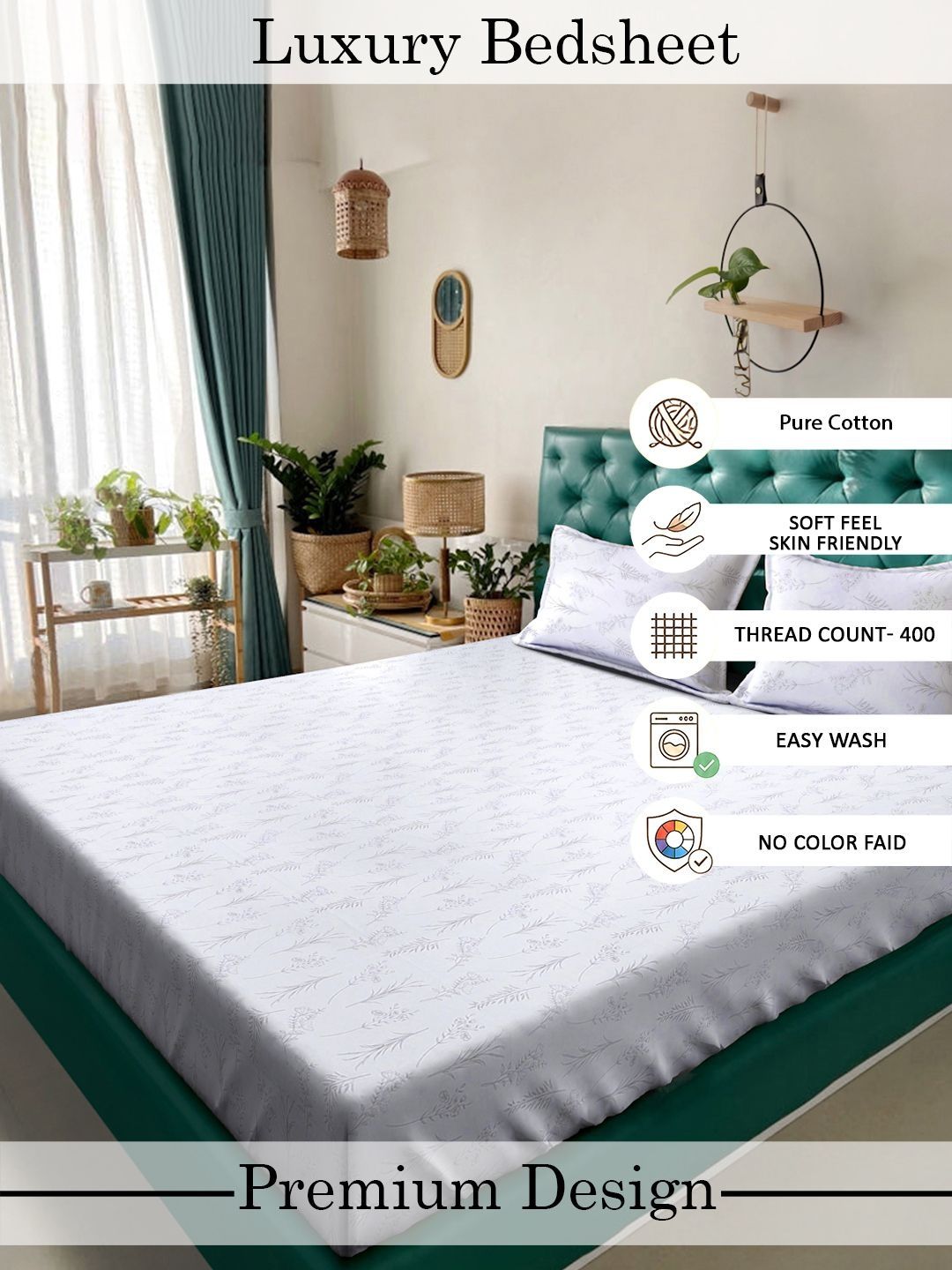 Myntra Elegant Homes White Floral 400 TC Bedsheet with 2 Pillow Covers