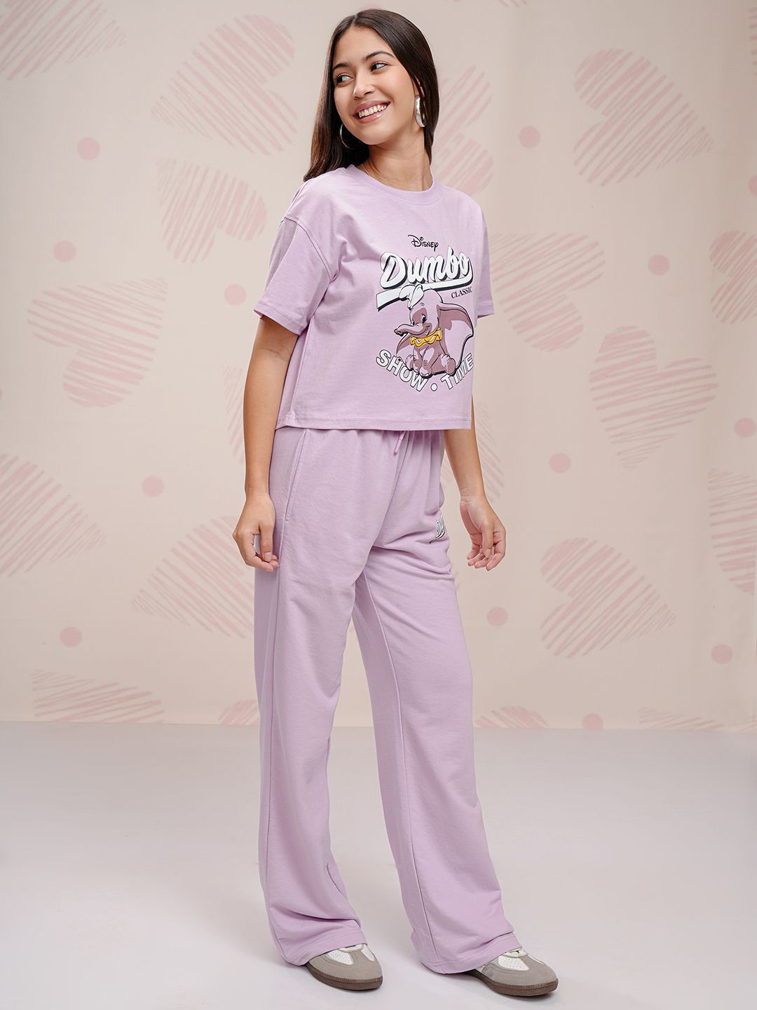 Tokyo Talkies Lavender Dumbo Printed Round Neck Short Sleeves T Shirt With Trouser