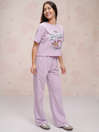Tokyo Talkies Lavender Dumbo Printed Round Neck Short Sleeves T Shirt With Trouser