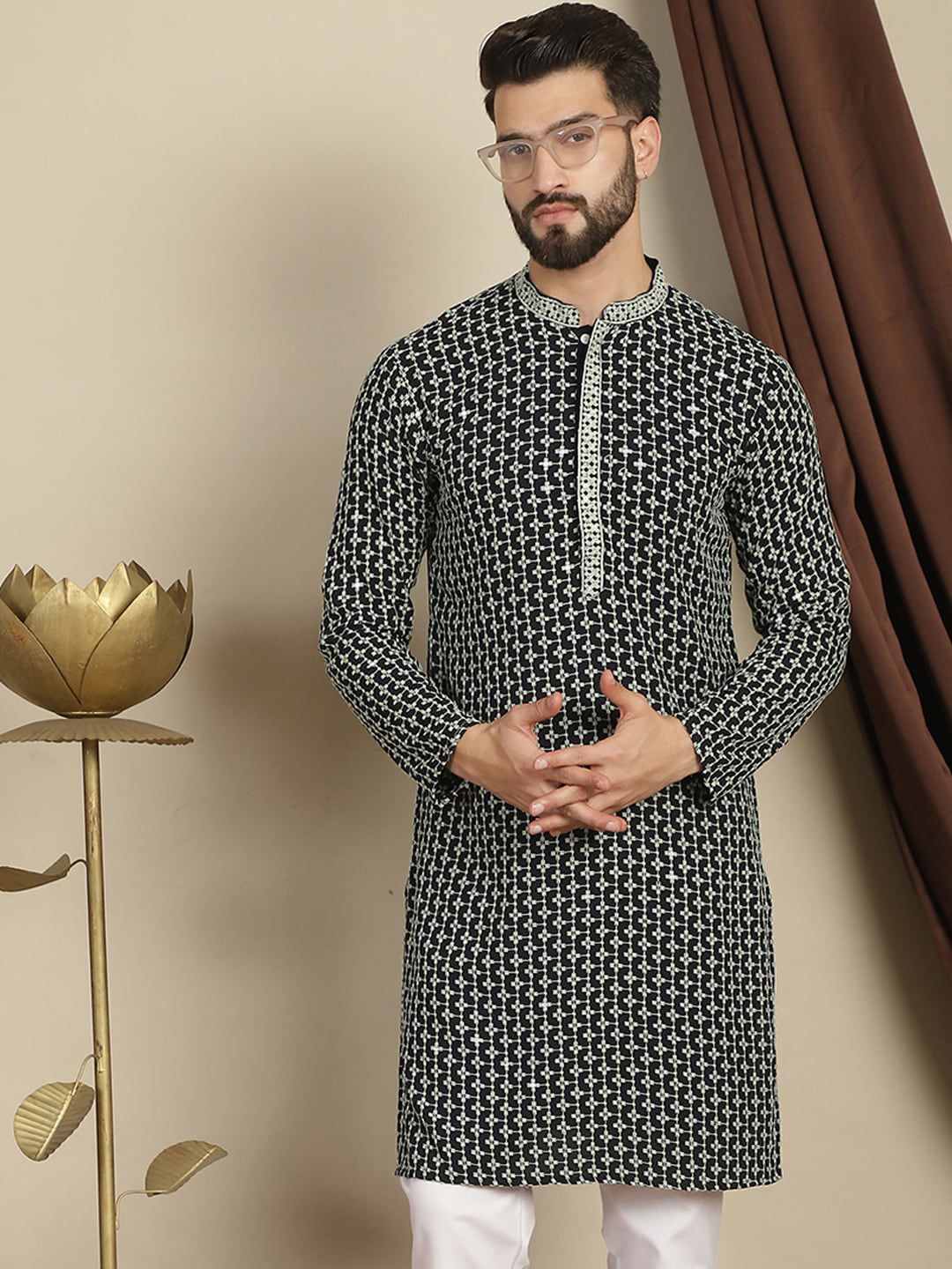 Anouk Geometric Printed Mandarin Collar Thread Work Lengan Panjang Cotton Kurta