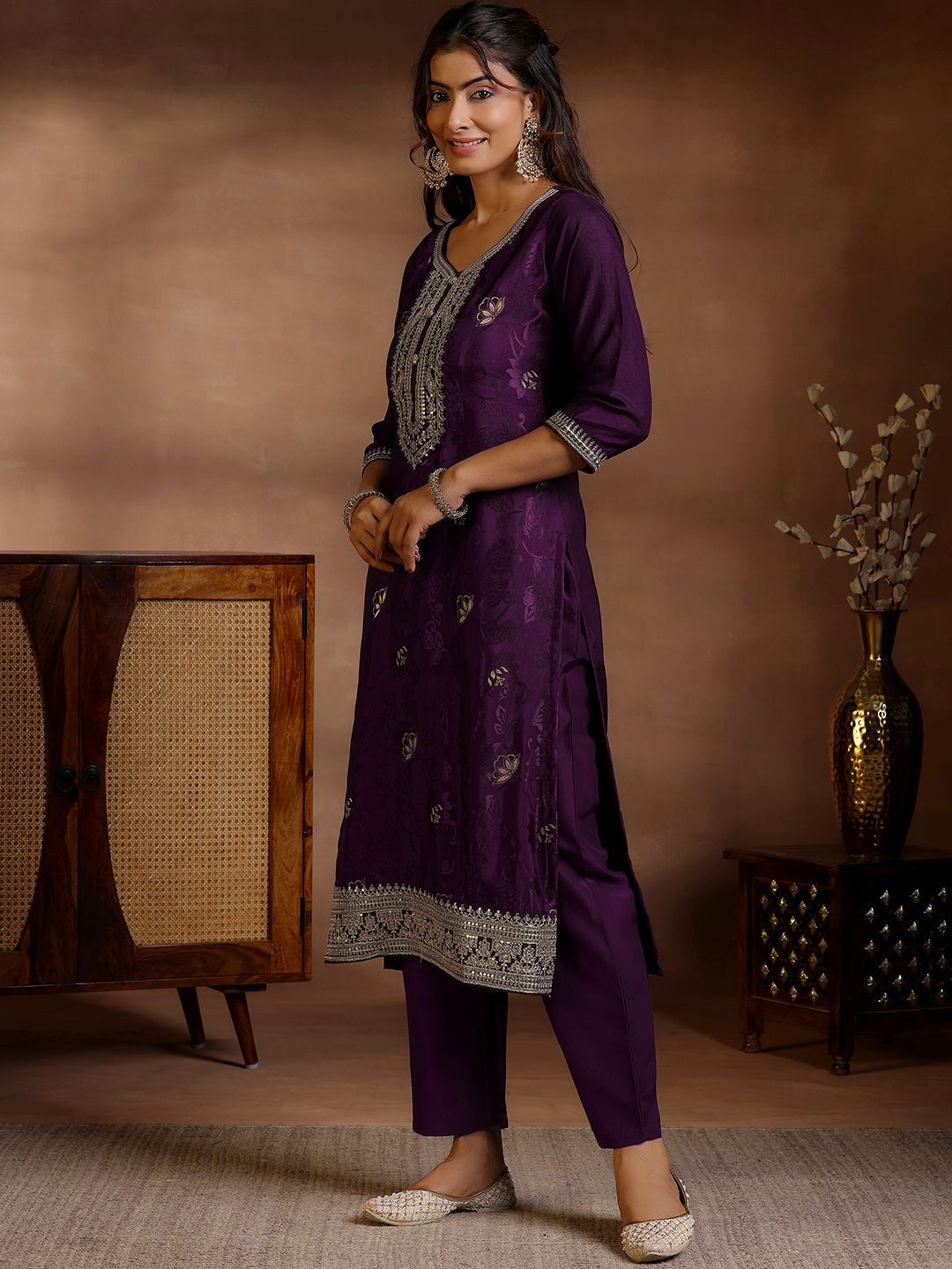 Libas Floral Printed V-Neck Thread Work Straight Kurta With Palazzos & Dupatta