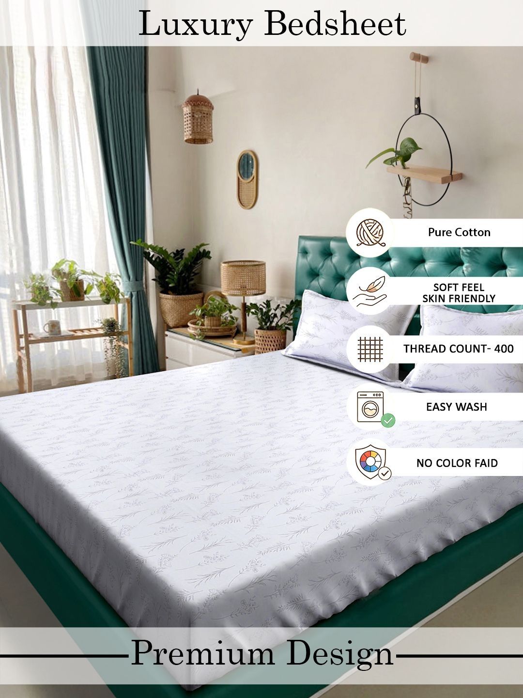 Myntra Elegant Homes White Floral 400 TC Bedsheet with 2 Pillow Covers
