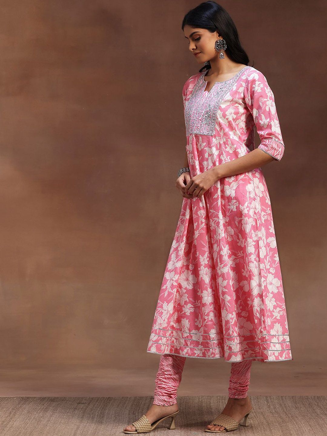 Libas Floral Printed Panelled Thread Work Pure Cotton Anarkali Kurta & Churidar & Dupatta