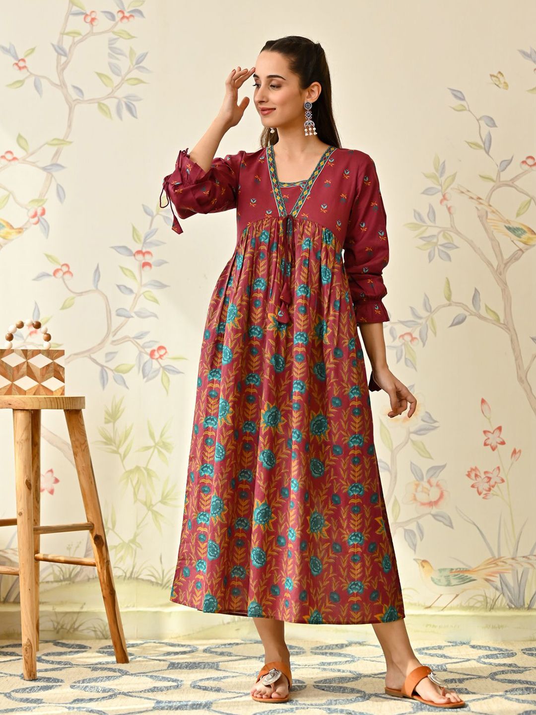 Rustorange Women Floral Printed Round Neck Cotton Empire Maxi Dress