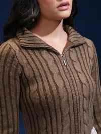Tokyo Talkies Women Cable Knit Crop Cardigan with Zip Detail