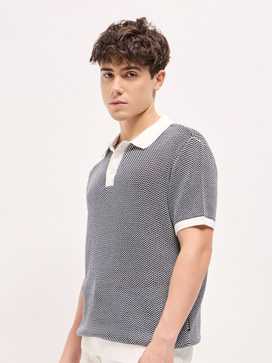 THE BEAR HOUSE Men Self Design Polo Collar Cotton T-shirt