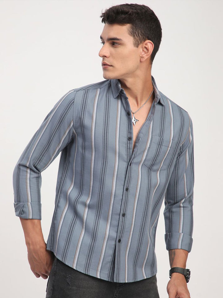 VASTRADO Men Classic Slim Fit Vertical Striped Spread Collar Cotton Casual Shirt