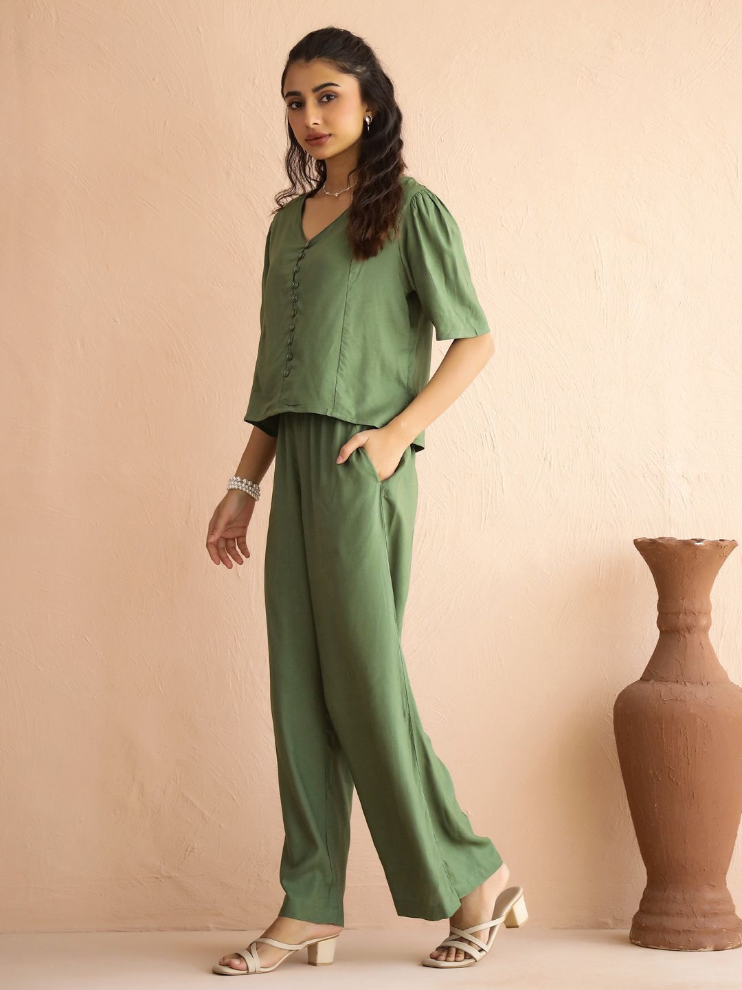SANSKRUTIHOMES V-Neck Short Sleeve Top With Trouser Co-Ords