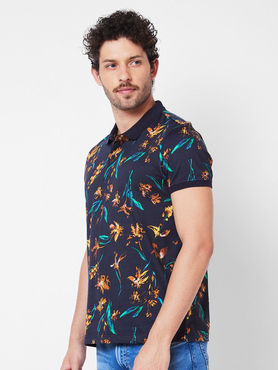 SPYKAR Floral Printed Polo Collar Tropical Pure Cotton Slim Fit T-shirt