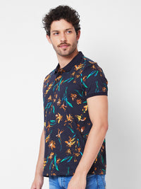 SPYKAR Floral Printed Polo Collar Tropical Pure Cotton Slim Fit T-shirt