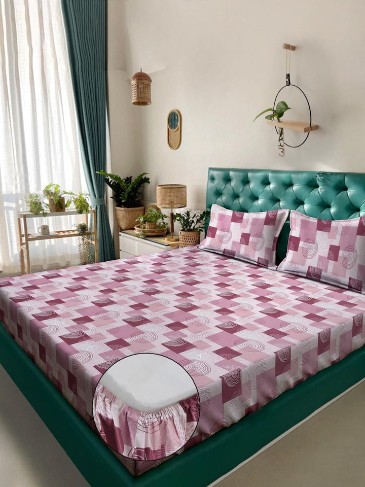 KLOTTHE Pink & Purple Geometric Printed 400 TC Cotton Set Cadar King 2.50 m x 2.25 m