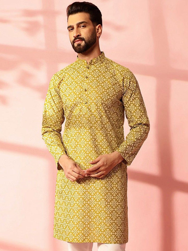Anouk Floral Printed Mandarin Collar Straight Cotton Linen Kurta