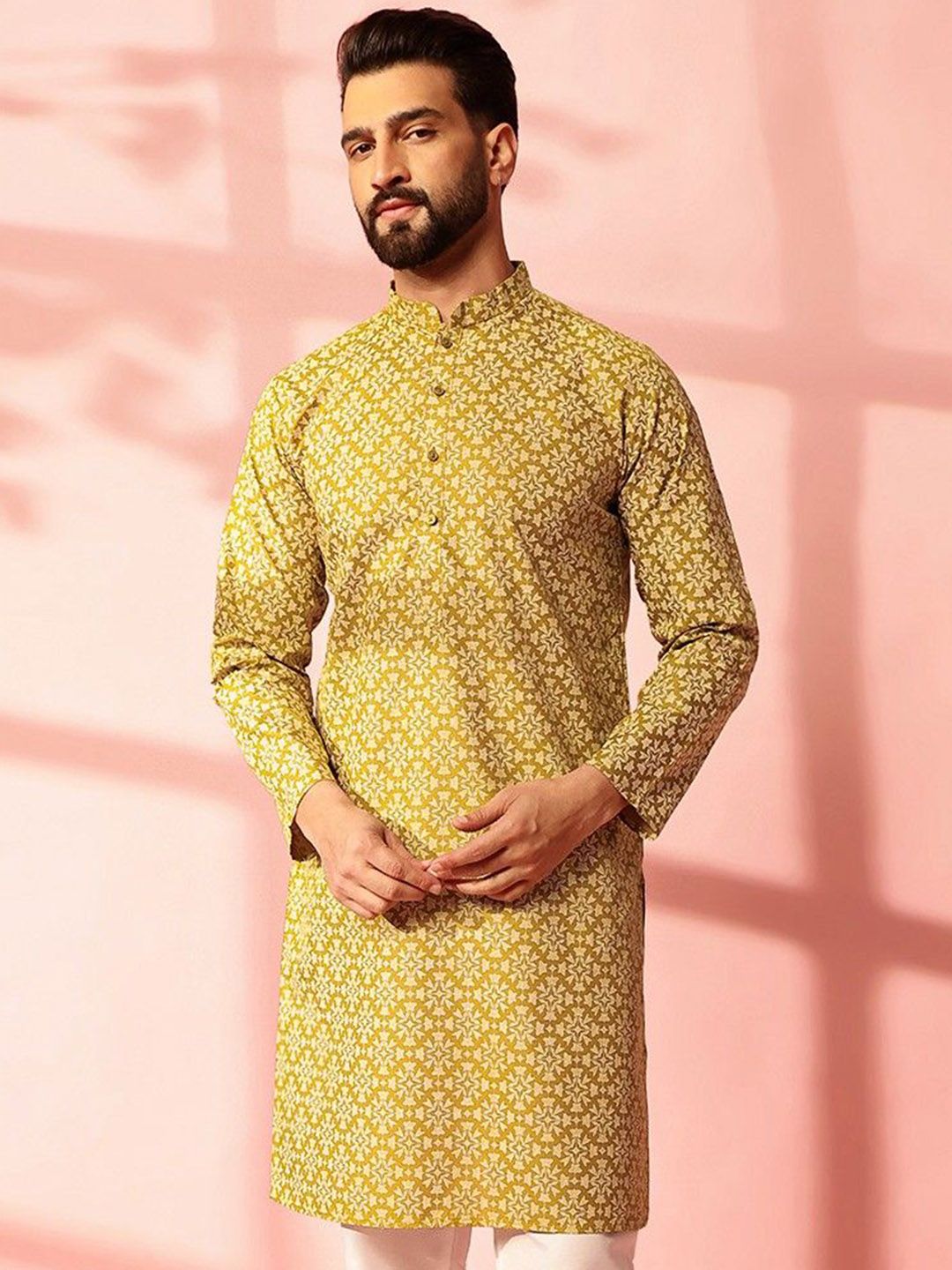 Anouk Floral Printed Mandarin Collar Straight Cotton Linen Kurta