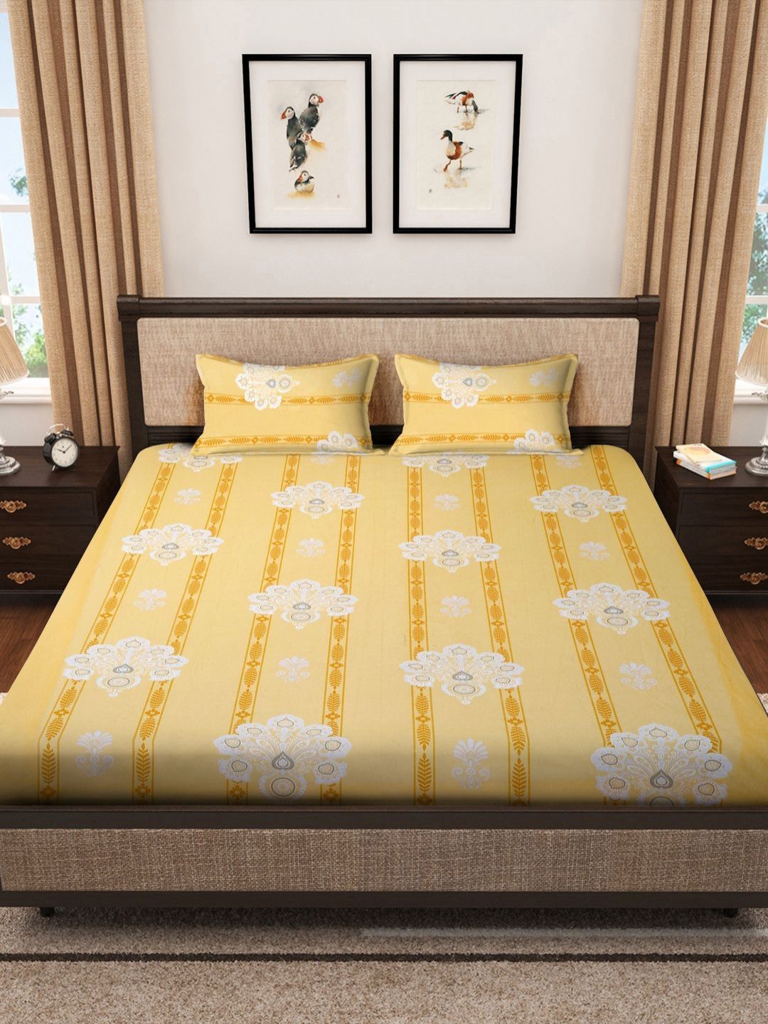 Myntra Elegant Homes Yellow Floral Pure Cotton 400 TC Fitted King Superfine Bedsheet dengan 2 Sarung Bantal-98 x 89 inci