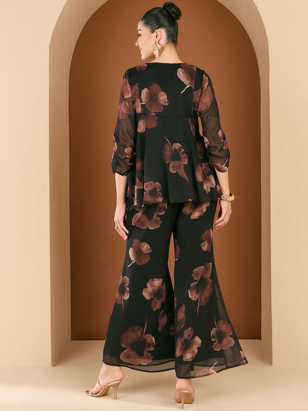 Antheaa Floral Printed Embellished V-Neck Top With Palazzos Co-Ords