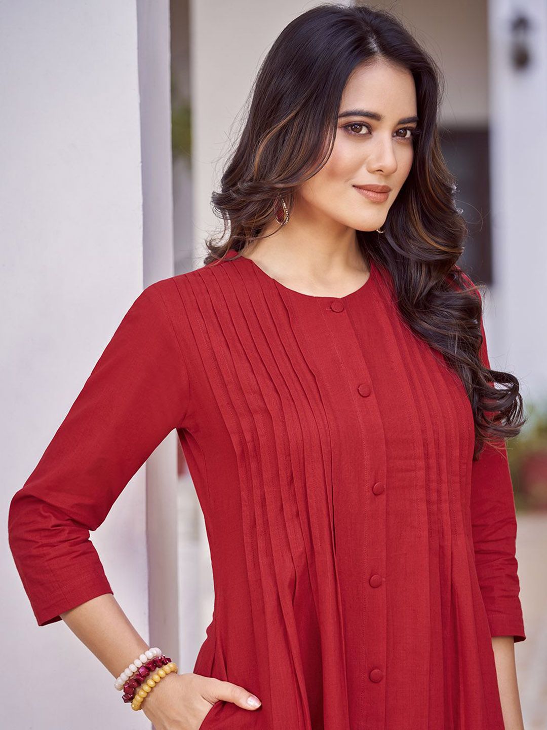 KALINI Pure Cotton Pleated A-Line Kurta with Trousers