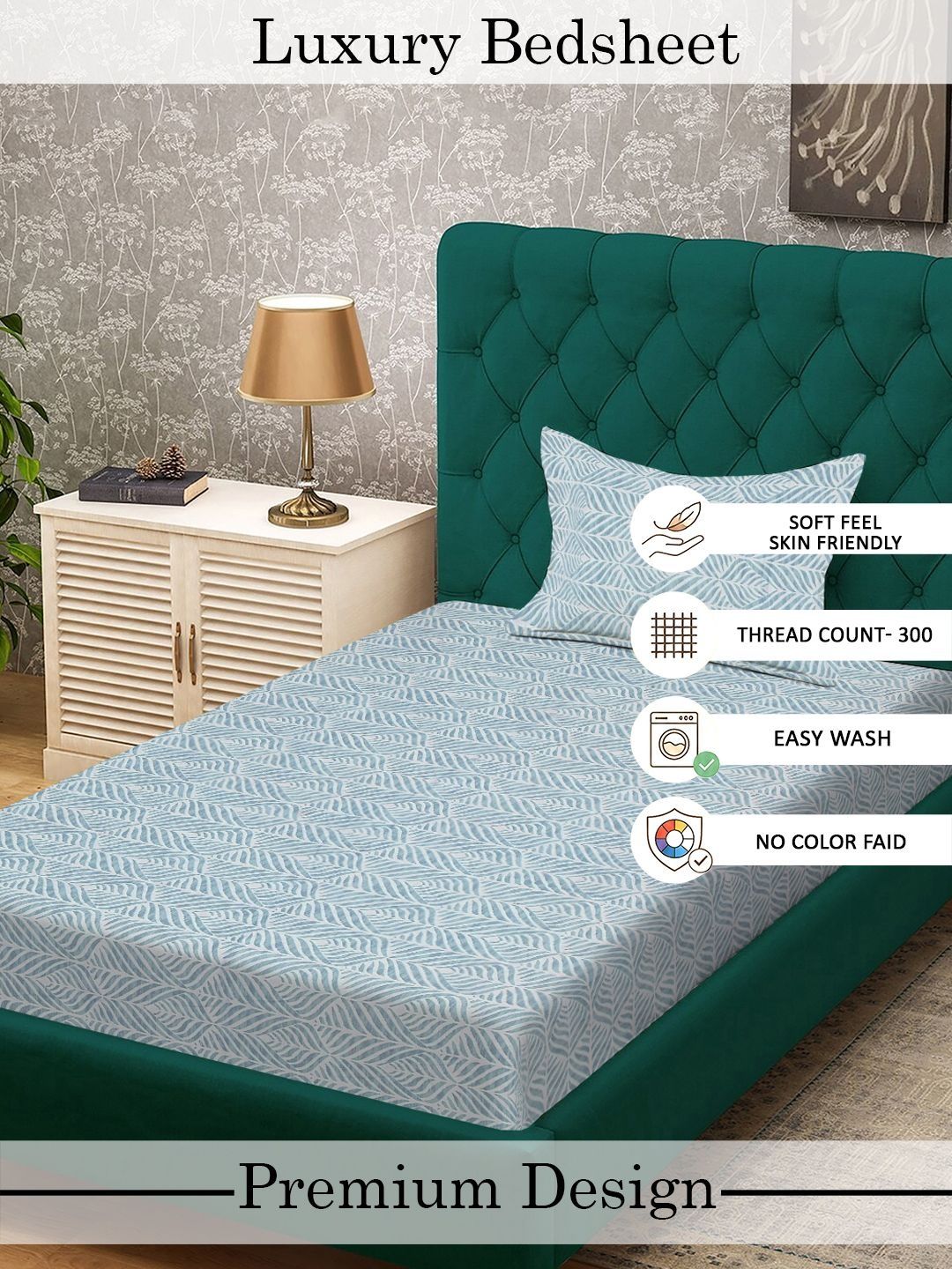 Myntra Elegant Homes Green Floral 300 TC Cadar Katil Bujang dengan 1 Sarung Bantal