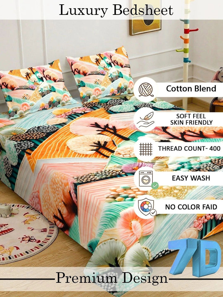Cadar Katil Superfine Berbilang Bunga Bercetak 7D 400 TC Double King Dengan 2 Sarung Bantal