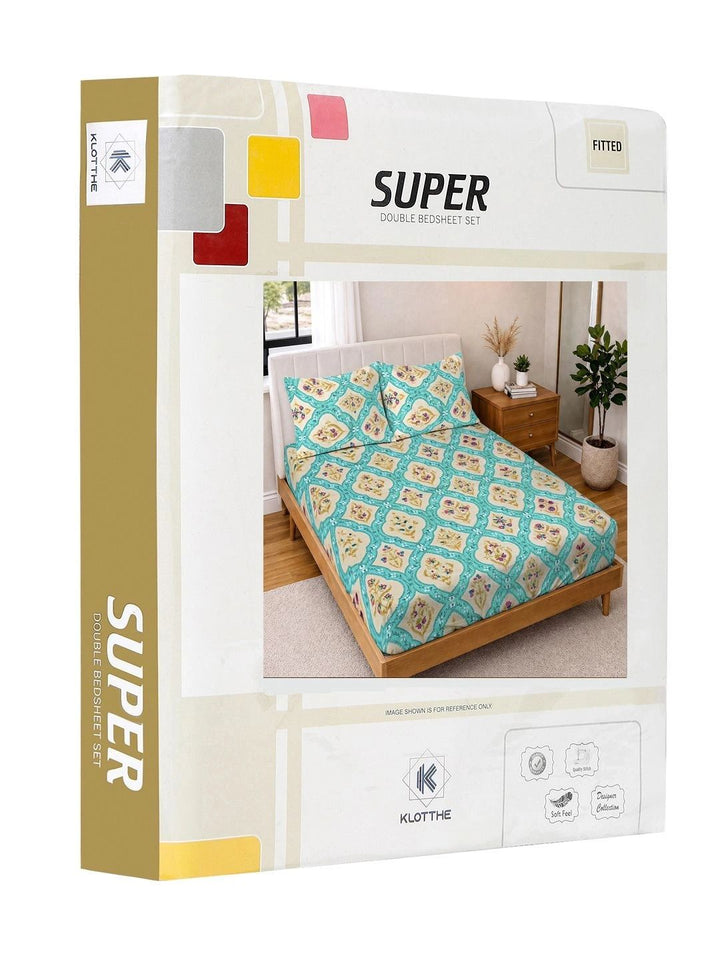 KLOTTHE Turquoise Blue Floral Fitted 300 TC King Bedsheet with 2 Pillow Covers