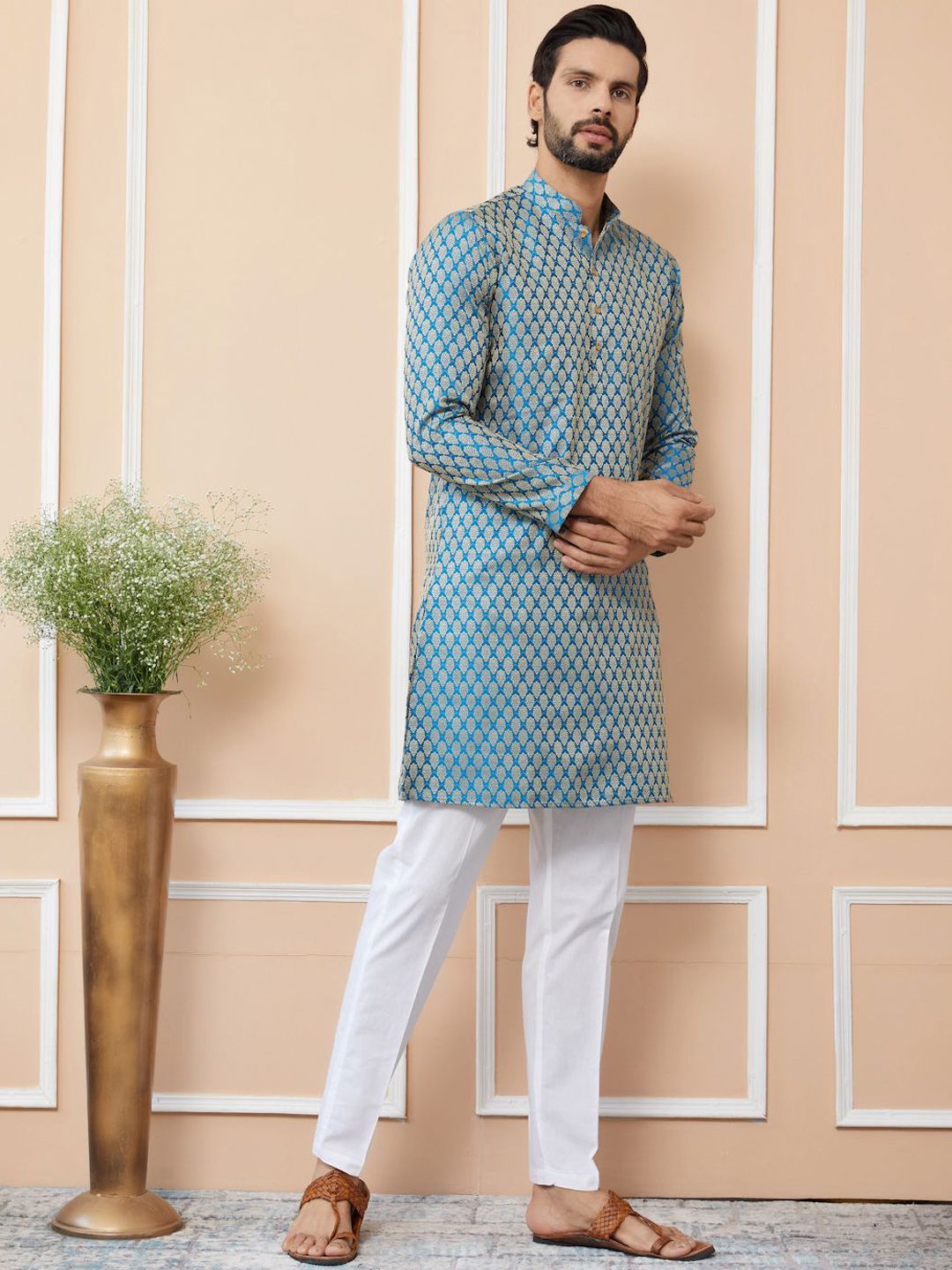 See Designs Ethnic Motifs Woven Design Mandarin Collar Silk Jacquard Straight Kurta