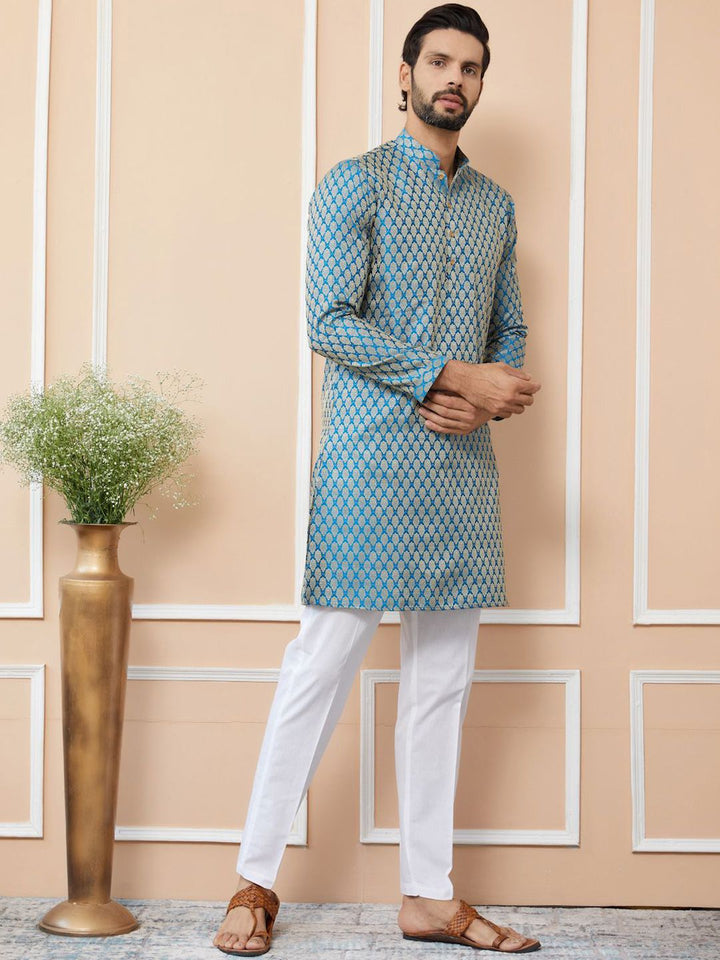 See Designs Ethnic Motifs Woven Design Mandarin Collar Silk Jacquard Straight Kurta