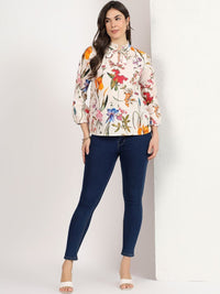 Mamicha Floral Print Tie-Up Neck Ruffles Cotton Top