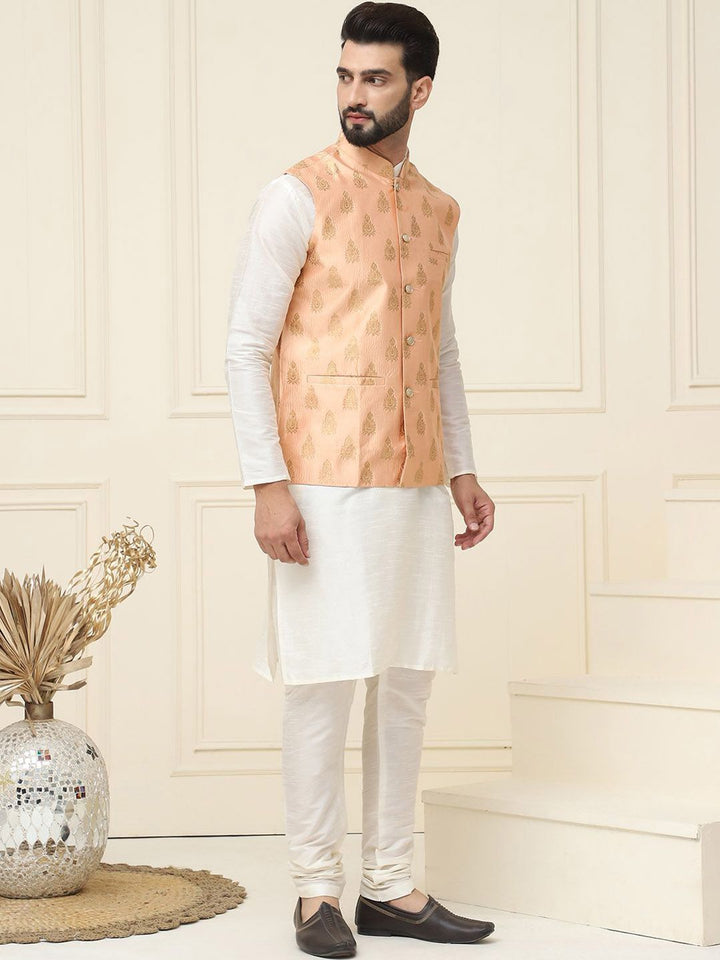 SOJANYA Mandarin Collar Silk Cotton Straight Kurta with Churidar & Nehru jacket