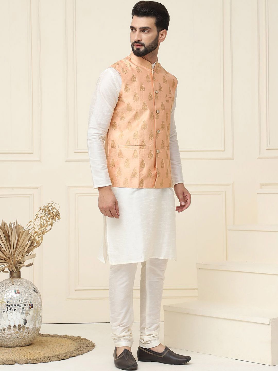 SOJANYA Mandarin Collar Silk Cotton Straight Kurta with Churidar & Nehru jacket
