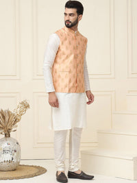 SOJANYA Mandarin Collar Silk Cotton Straight Kurta with Churidar & Nehru jacket