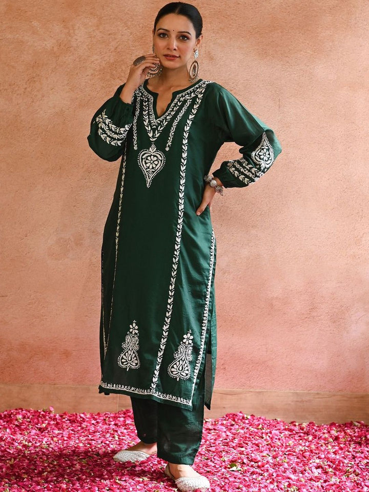 House of Chikankari Women Bottle Green Chanderi Chikankari Embroidered Kurta Set