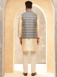 Anouk Beige Woven Design Jacquard Silk Straight Kurta Dengan Piyama Dan Jaket Nehru
