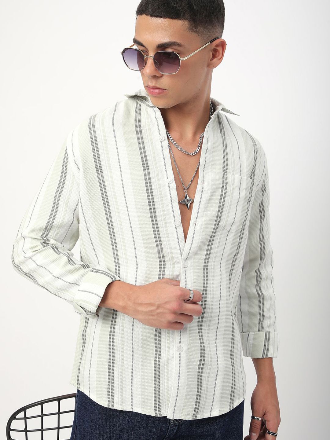 VASTRADO Men Classic Spread Collar Multi Striped Cotton Slim Fit Casual Shirt
